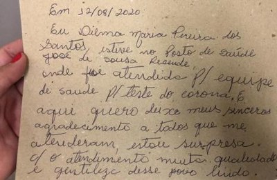 Bons exemplos: Paciente deixa bilhete de agradecimento por carinho da equipe de saúde